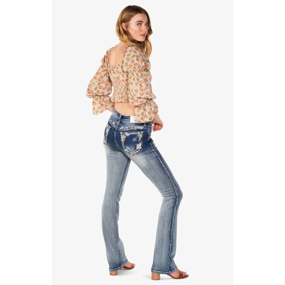 Grace in LA Women's Embroidered Boarder Distressed Pocket Bootcut Stretch Jeans - Picture 4 of 6